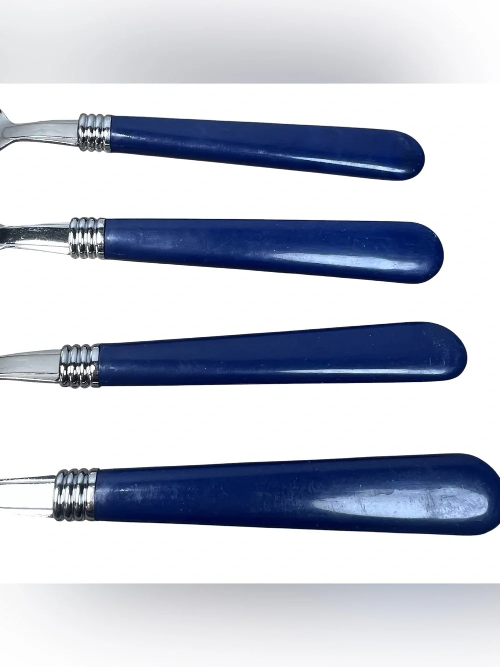 Gibson Vintage Flatware Blue Plastic Handle Tablespoons Soup Spoons Set of 4 Y2K